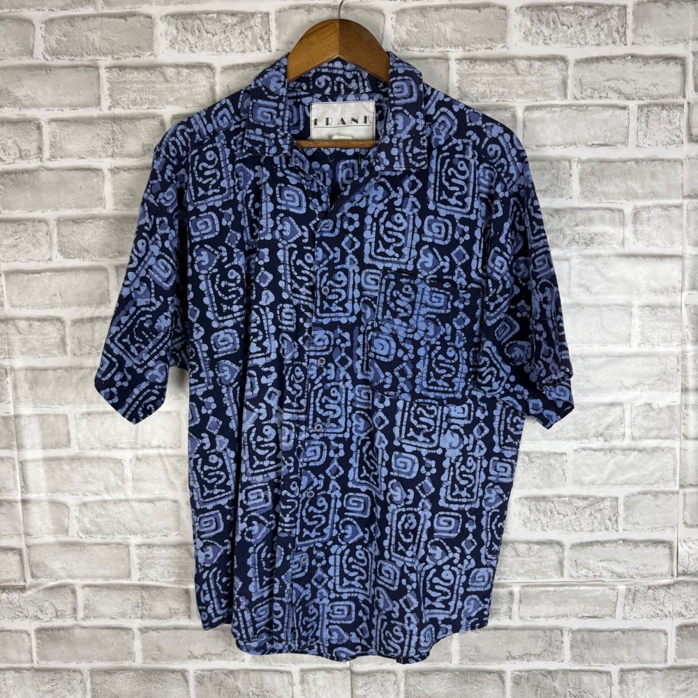 Frank VTG Mens Blue Batik Tribal Print Cotton Short Sleeve Button Down Shirt XL